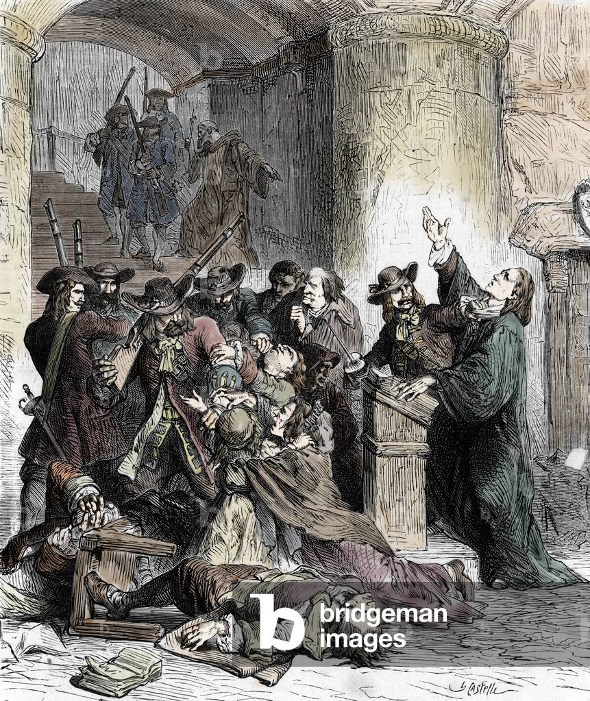 "Divieto di preches e arresto dei protestanti dopo la revoca dell'Edit de Nantes (dragonnades sotto Luigi XIV 