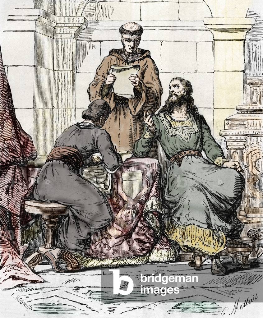 Charlemagne dictating his capitularies to his minister Alcuin (732-804) ca. 771-800 (king of France Charlemagne dictates his capitularies, text composed in c 771-800 that guided the governance of the royal estates during the later years of the reign of Charlemagne (c 768-814)