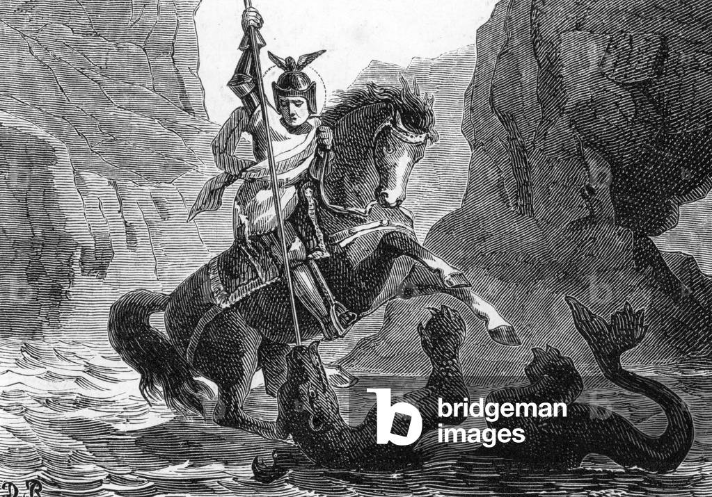 Representation of St. George and the Dragon. 19th century (engraving)