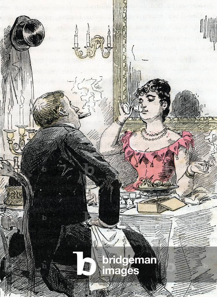 Le mari a bon fortune, bon parti, couple de la haute societe au restaurant (the good match, the rich husband, high society couple at the restaurant) Engraving from “The Needs of Life” by Rengade 1887 Collection privee
