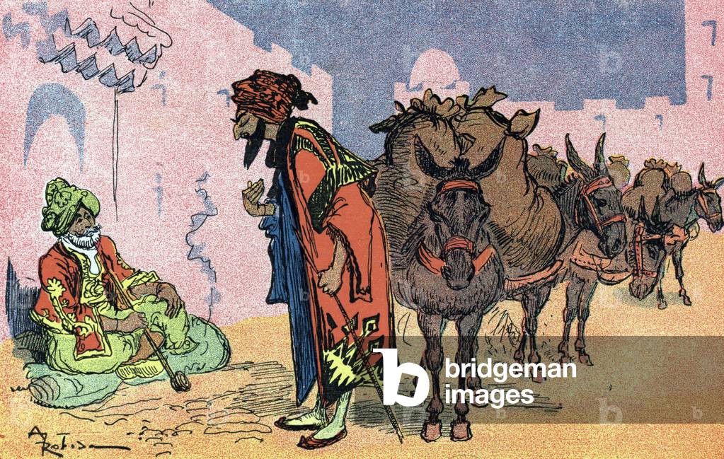 The chief of the thieves pretend he's an oil merchant Illustration by Albert Robida for Ali Baba and the Forty Thieves 1945 Private Collection