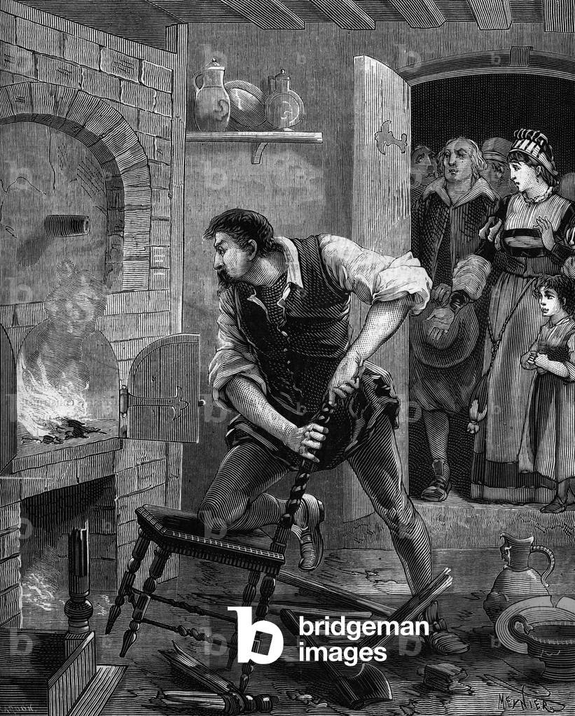 Potter and ceramist Bernard Palissy firing furniture to feed his furnace, 1880 (engraving)