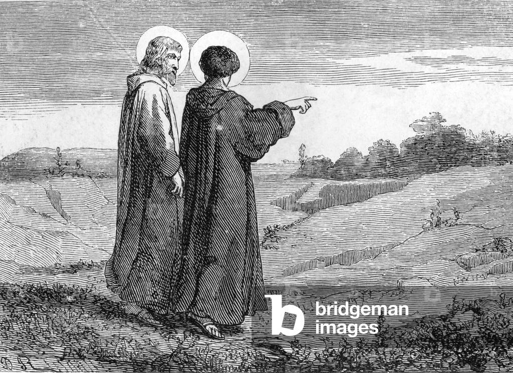 Representation of Saint Avit de Micy fleeing from the abbey with Laetus (Saint Lie) near Orleans. 19th century (engraving)