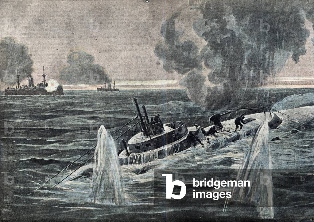 First world war: a french cargo ship during a battle against a german submarine, north sea 1917 Illustration from “” Le pelerin”” 11/03/1917 Private collection Â