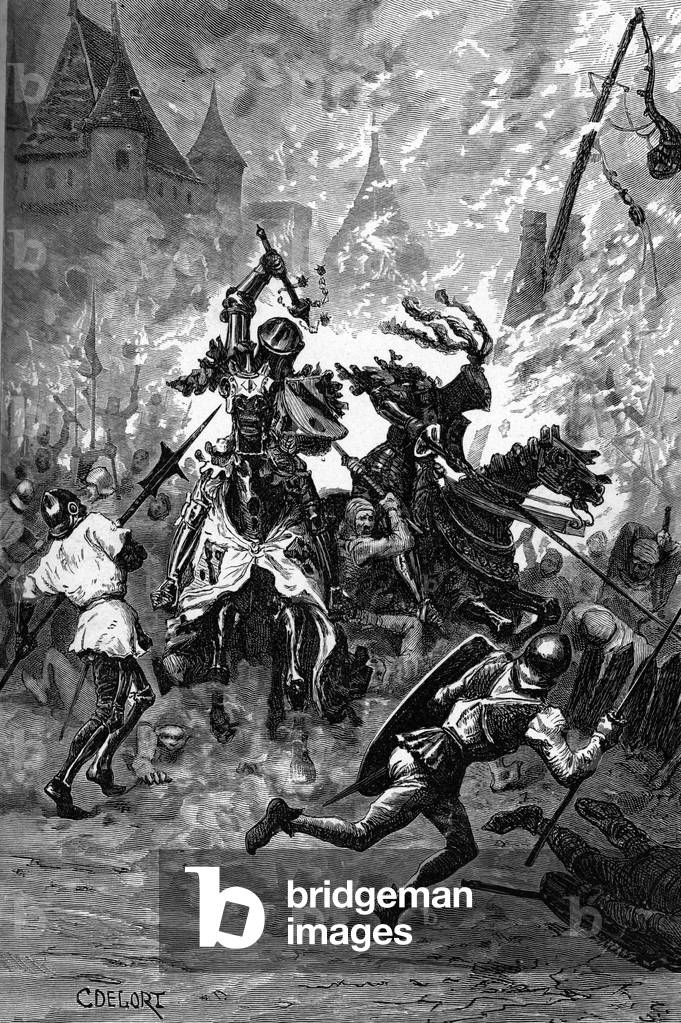 "Guerra di successione bretone: Battaglia di Hennebont (Morbihan) 1342. XIX secolo (incisione)" 1801, b/w