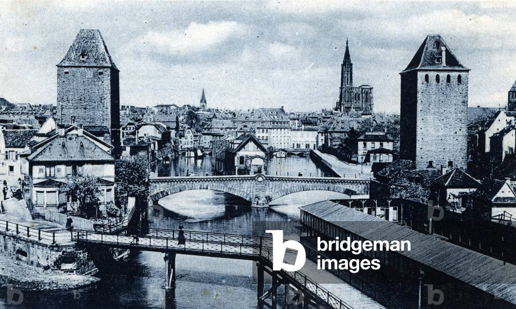 View of the Ponts Couverts, a set of three bridges and four towers in Strasbourg, France, early 20th century (postcard)