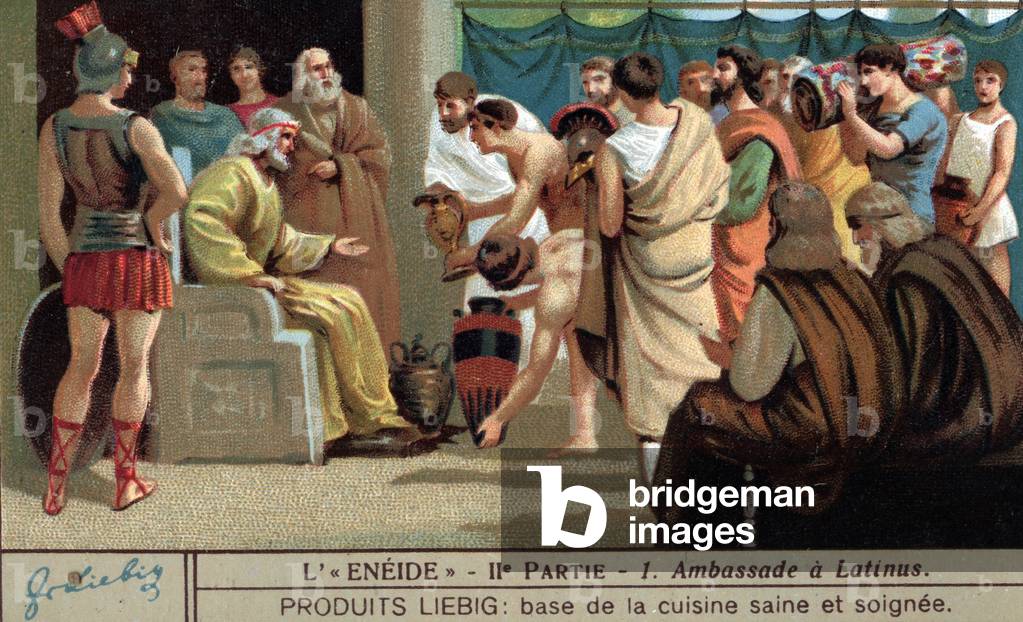 Episode of the Eneid of Virgil (70-19 BC), book 7: the Trojans send an embassy to the palace of Latinus, king of Lazio, to ask for peace. End of the 19th century, (chromolithograph).