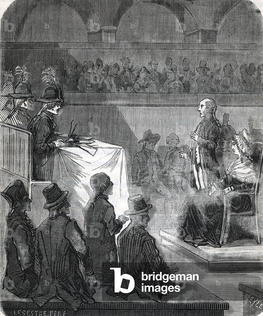 Marie Antoinette of Austria (1755-93) Judged by the Revolutionary Tribunal Court, 16th October 1793 - French Revolution: Queen of France Marie-Antoinette, before the judges, in her trial on 14 October 1793 - Judgment of Marie Antoinette of Austria at the Revolutionary Court Engraving from “Memorials of Sanson”” 19th century Private Collection