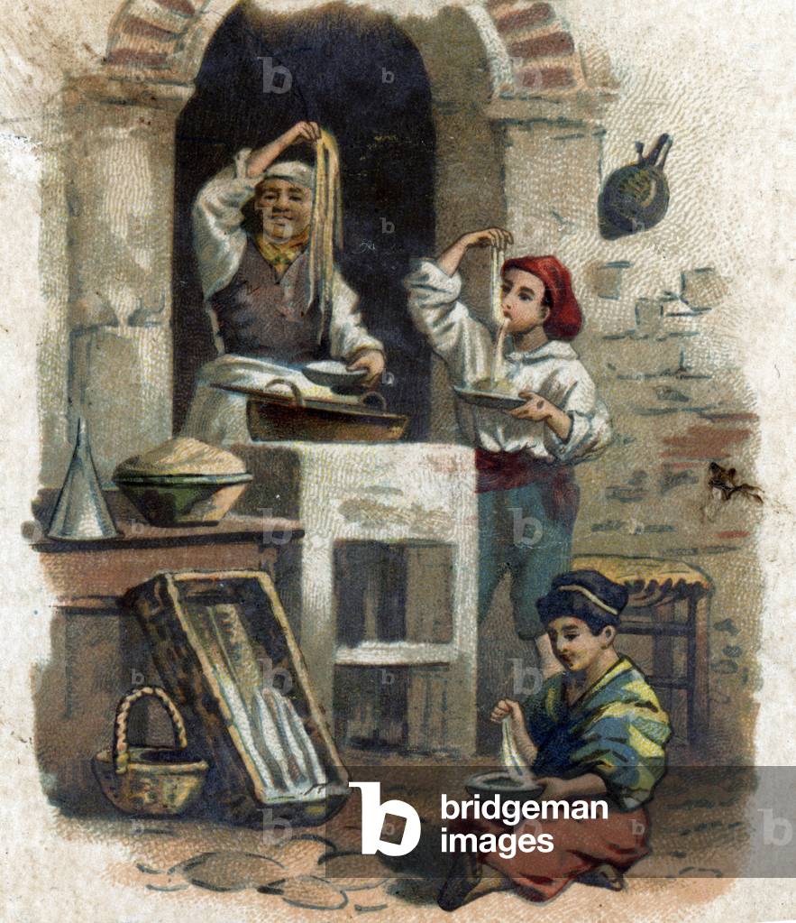 Maccaronaro, a cook preparing macaroni pasta in the streets of Naples. 19th century (chromolithograph)