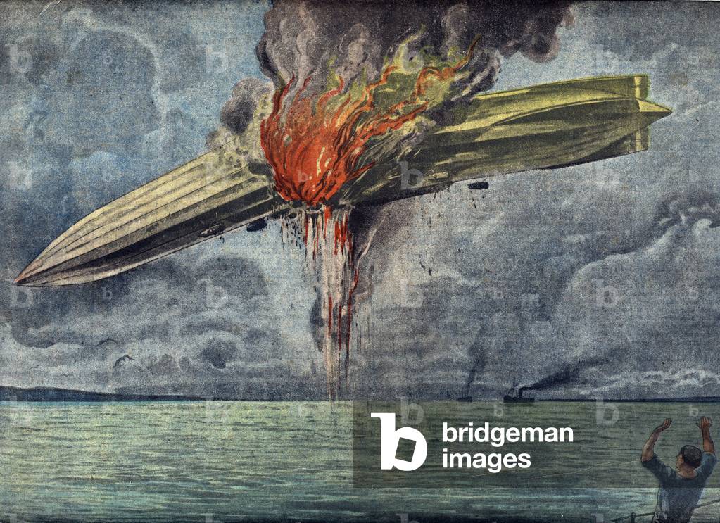 Explosion of an airship during a test flight, august 1921 Illustration from “” Le pelerin”” september 1921