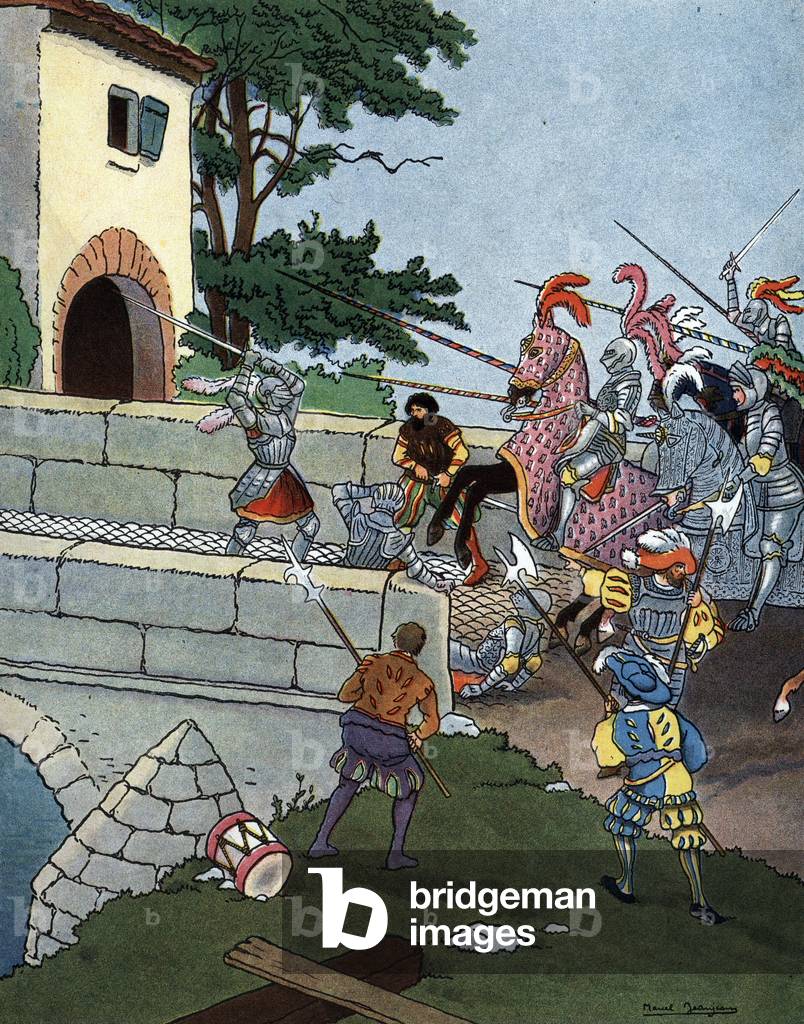 The Knight Bayard (Pierre Terrail, 1476-1524) arresting the Spanish enemies on the Garigliano Bridge and rescued the French army in 1503 (Chevalier de Bayard at the bridge of Garigliano, 29th December 1503) Drawing by Marcel Jeanjean (1893-1973) draws from “” Les beaux episodes de la histoire de France”” 1922 Private collection