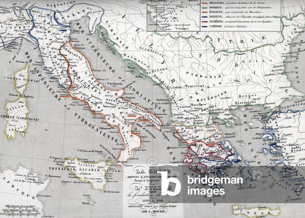 Map of Greece from the invasion of the Dorians to the Medic War and of Italy after the founding of Rome, 1190-504 BC (Map of Greece and Italy, 1190-504 BC) Plate from “” Atlas Universel”” by Houze, 1851 Private collection