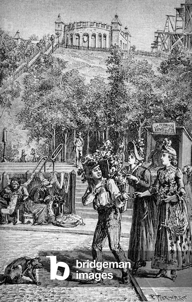 A flower merchant on the place saint Pierre (saint-pierre) in Montmartre, Paris. 19th century (engraving)
