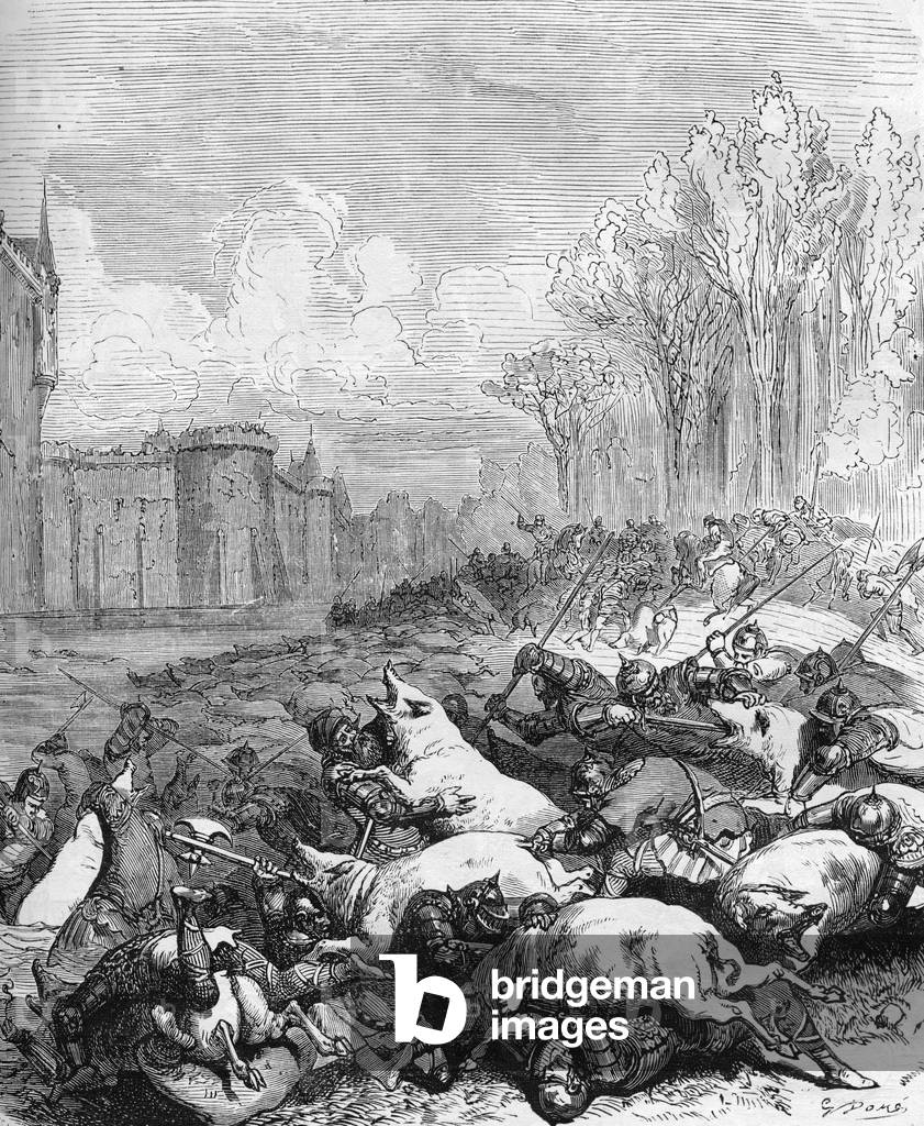 War of one hundred years, war of succession of Brittany (siege of Rennes 1356-1357): stratageme of William II of Penhoet called the lame (1325 - 1404) (and Duguesclin or Du Guesclin) to enter the city, he brought in a herd of pigs attracted by a sow hanging from a potern of the gate in 1356 (In 1356 during the siege ege of Rennes by the englishmen as part of the hundred years war Bertrand Duguesclin and Captain Penhoet enter the city with the stratagem of attracting pigs with a sow) Engraving from “History-Populaire-de-France” by Lahure, 1866 Collection privee