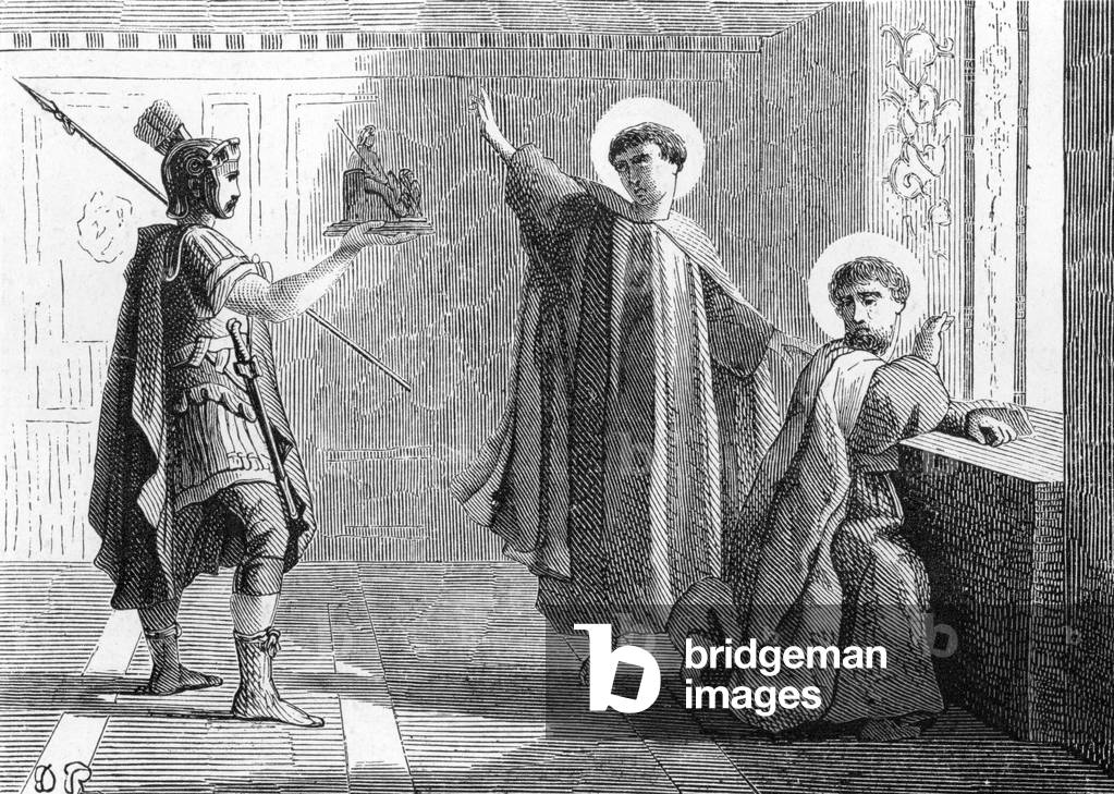 Representation of Saint John and Saint Paul refusing to worship idols under Julien the Apostate, between 361 and 363. 19th century (engraving)