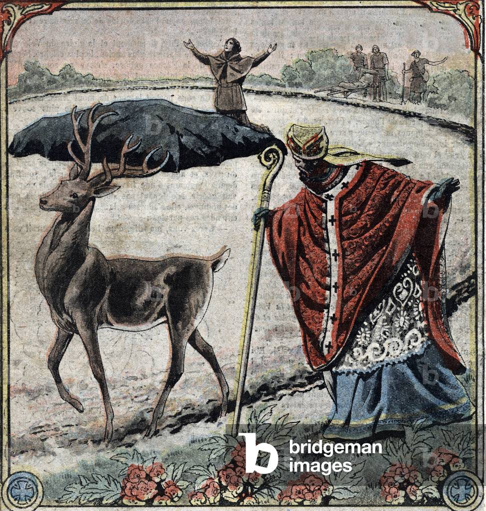 A deer shows Saint Georges du Velay the location of the stone where the cathedrale Notre-Dame du Puy en velay (Puy-en-Velay), Haute-Loire (A deer show to st george du Velay the stone where will be built the Le Puy Cathedral, Auvergne) Illustration from “” Le pelerin”” march 1921 Private collection