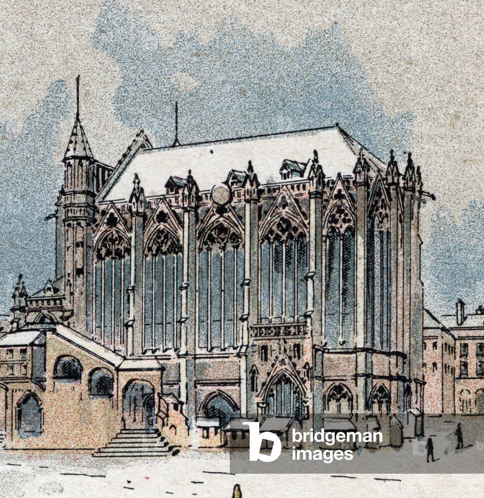 View of the Sainte Chapelle, Ile de la Cite in Paris, in the Middle Ages - (View on the Sainte-Chapelle in Paris) Engraving from “Les francaises illustres” by Gustave Demoulin, 1889 - Engraving from “Famous french women” by Gustave Demoulin, 1889 - Private collection