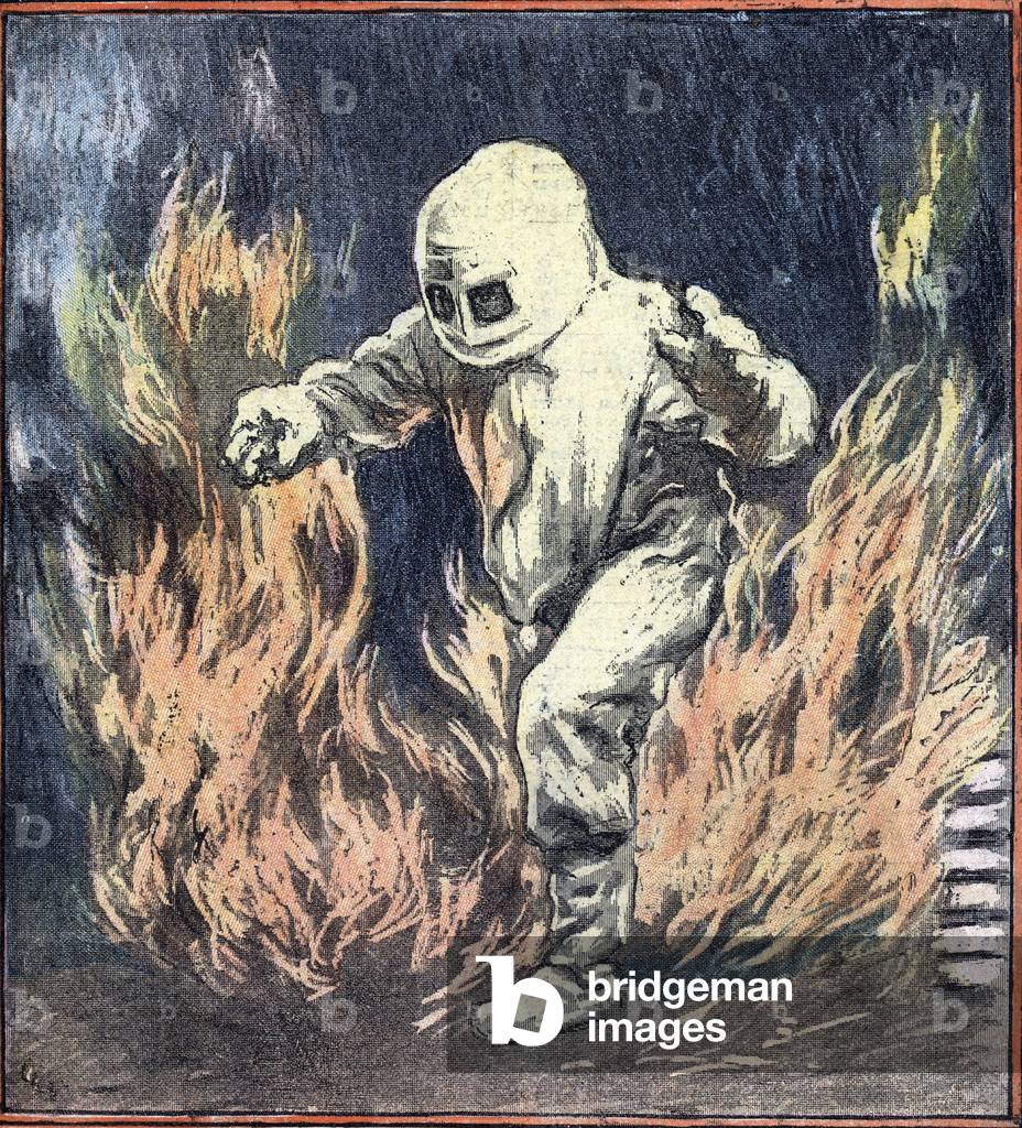 Testing of a new fireproof and waterproof spacesuit Illustration from “” Le pelerin”” August 1935 Collection privee