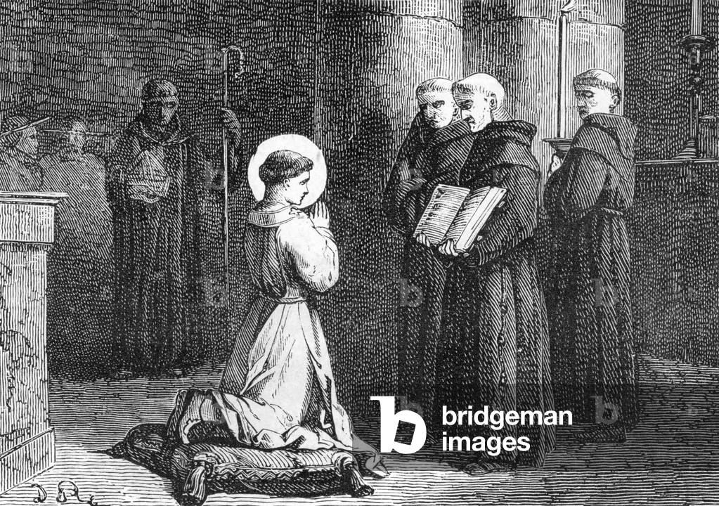 Representation of Saint Louis of Anjou (or of Toulouse) (1274-1297) named Eveque of Toulouse (Louis of Anjou consecrated Bishop of Toulouse). 19th century (engraving)