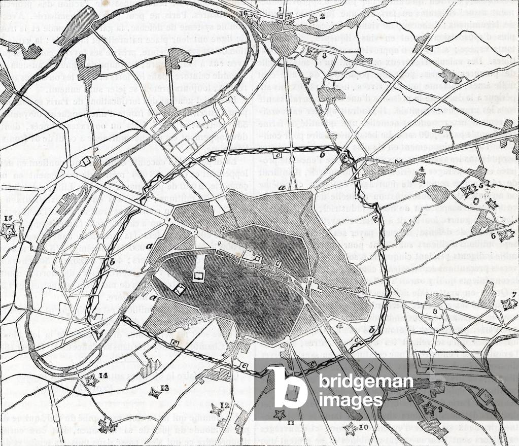 Map of Paris with fortifications and exterior forts (Vincennes, romainville, Nogent, Nogent), walls. 19th century (engraving)