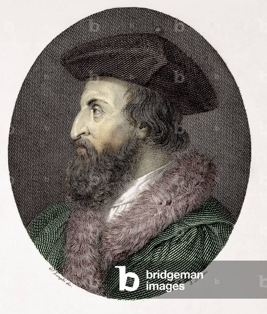 Portrait of the Italian doctor, poet and humanist Girolamo Fracastoro (Hieronymus Fracastorius or Jerome Fracastor) (1478/83-1553) Engraving Private Collection
