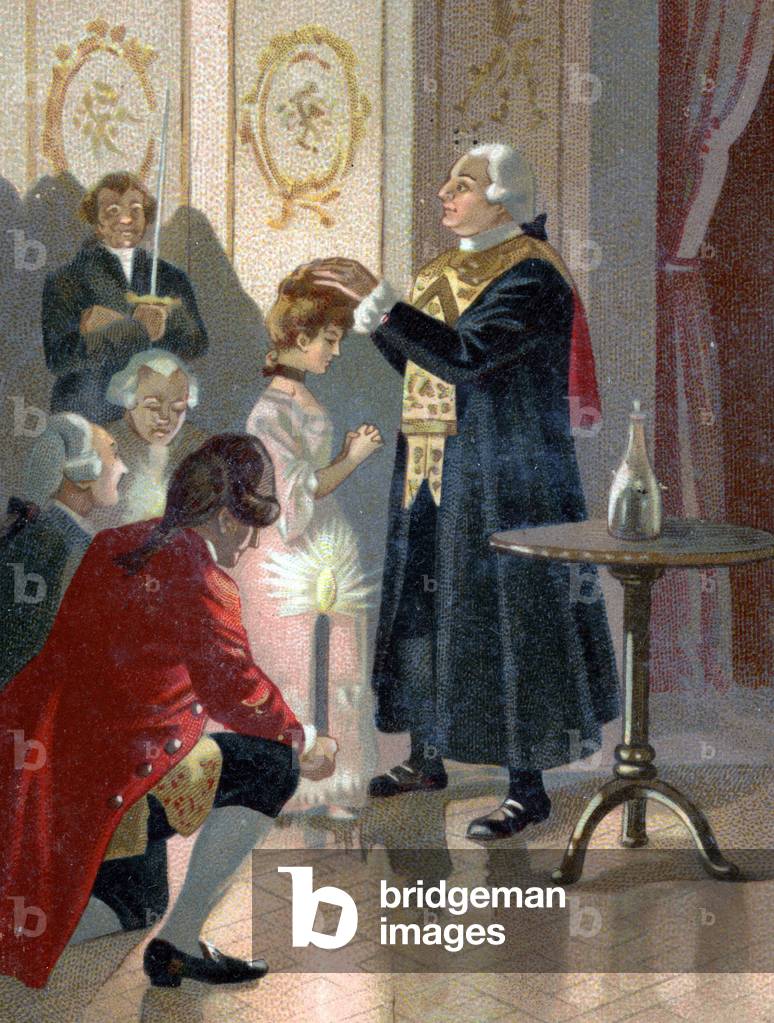 Freemasonry: magical ceremony presided by Giuseppe Balsamo, dit Alexandre, Count of Cagliostro (1743-1795) as part of a maconic rite in which he draws strength from the head of a “dove”, a child of purest innocence, who then goes into a trance. End of the 19th century (chromolithograph)