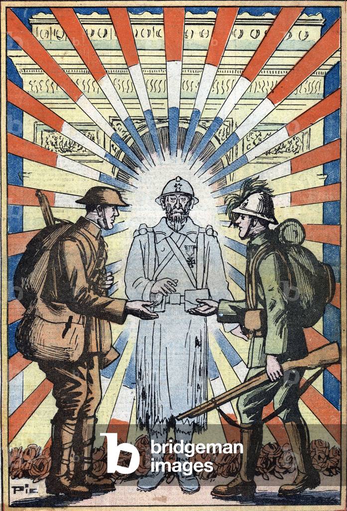 The unknown soldier asks an Italian soldier and a German soldier to make peace during the celebrations of the Armistice of the First World War, 1935 (print)