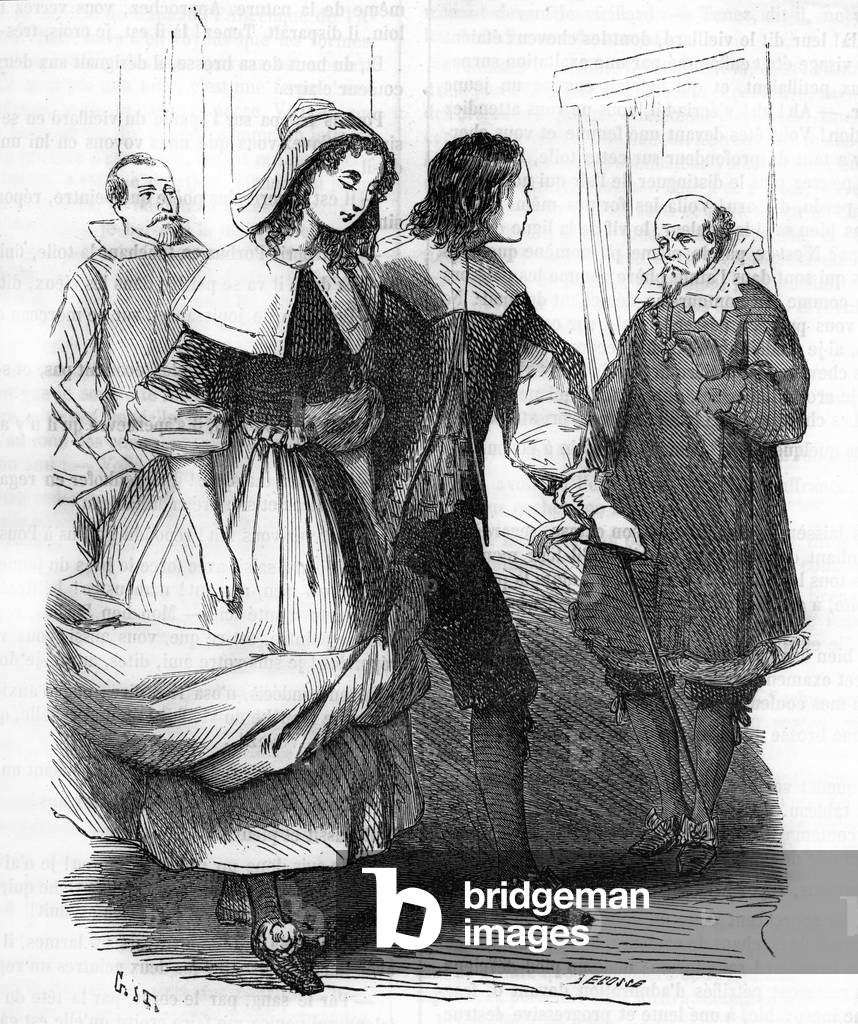 Nicolas Poussin accompanies the Belle Gillette who came to pose for the painting “La belle noiseuse”” by the old painter Frenhofer (The old painter Frenhofer meets the lover of Nicolas Poussin Gillette, his model for his unfinished painting “La belle noiseuse”) Illustration taken from “Le masterpiece inconnu” by Honore de Balzac (1799-1850) 1874 Private Collection
