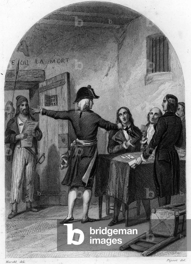 Les deputes Girondins incarceres à la prison de la Force in Paris 1793 (French revolution: the Girondins deputees at the prison of La force, Paris) Engraving from “Les Prisons de l'Europe” by Maquet 1845