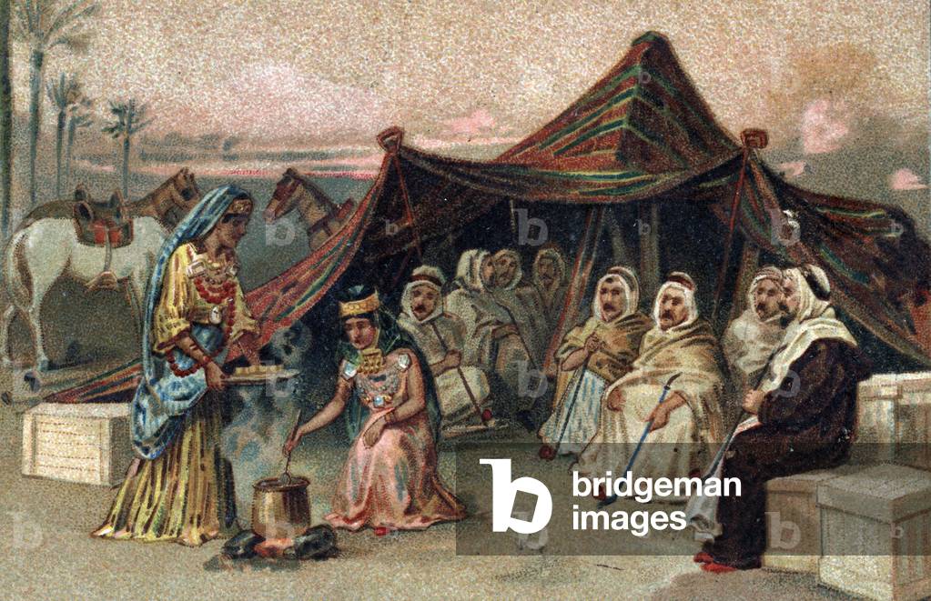 Daily life in the desert: sitting comfortably in a tent, looking at women working and cooking Chromolithography of the end of the 19th century Private collection
