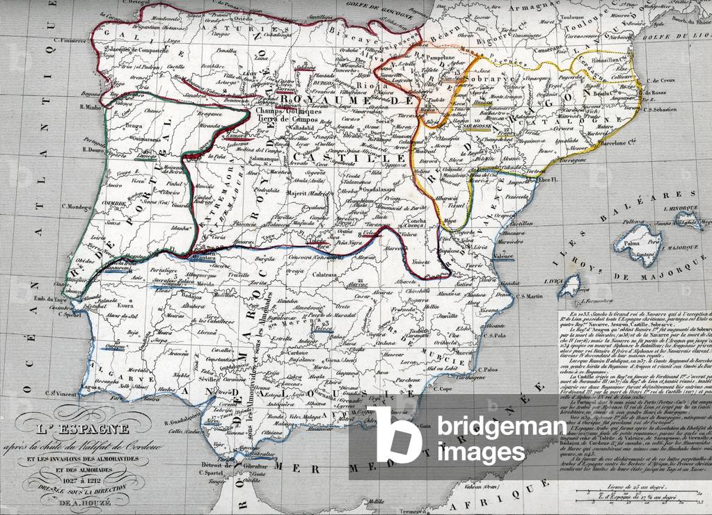 Geographic map of Spain and Portugal after the fall of the Caliphate of Cordoba in 1030, the conquest Almoravide and the Battle of the Navas de Tolosa in 1212 (Al-Andalus, Iberic peninsule under Muslim rule) (map of Spain and Portugal (Islamic iberia or Al-Andalus) after fall of Caliphate of Cordoyba ruled by the Umayiba Ad dynasty and the battle of Las Navas de Tolosa, 1212) Engraving from “” Atlas Universel”” by Houze, 1851 Private collection
