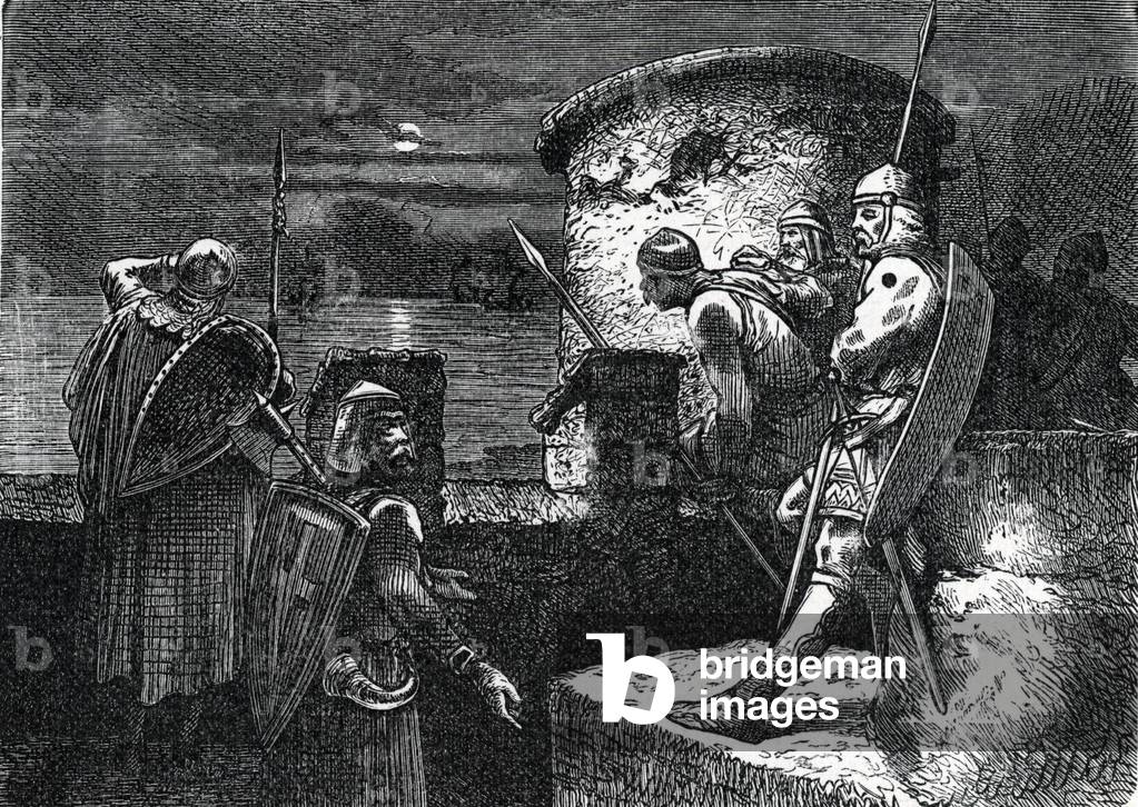 Danish warriors controlling the estuary of the important border Humber, separating the Northumbria from the meridional realms, England (Danish warriors on the Humber border, England) Engraving from “History of the world” by Ridpath 1885 Private collection