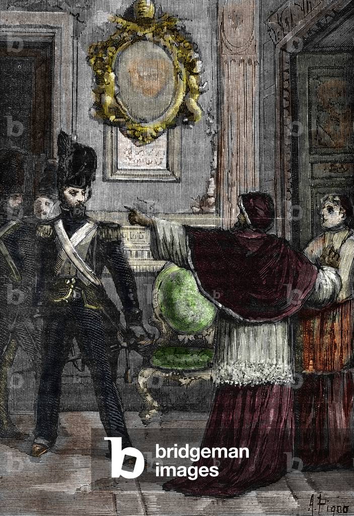 General Radet kidnaps Pope Pius VII locked up in the Quirinal Palace, 1809. 1882 (Engraving)