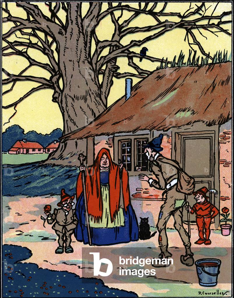 Teh flight of Picrochole who meets an old witch Illustration by Pierre Couselles (died 1938) from “Gargantua” by Francois Rabelais, 1926 Private collection