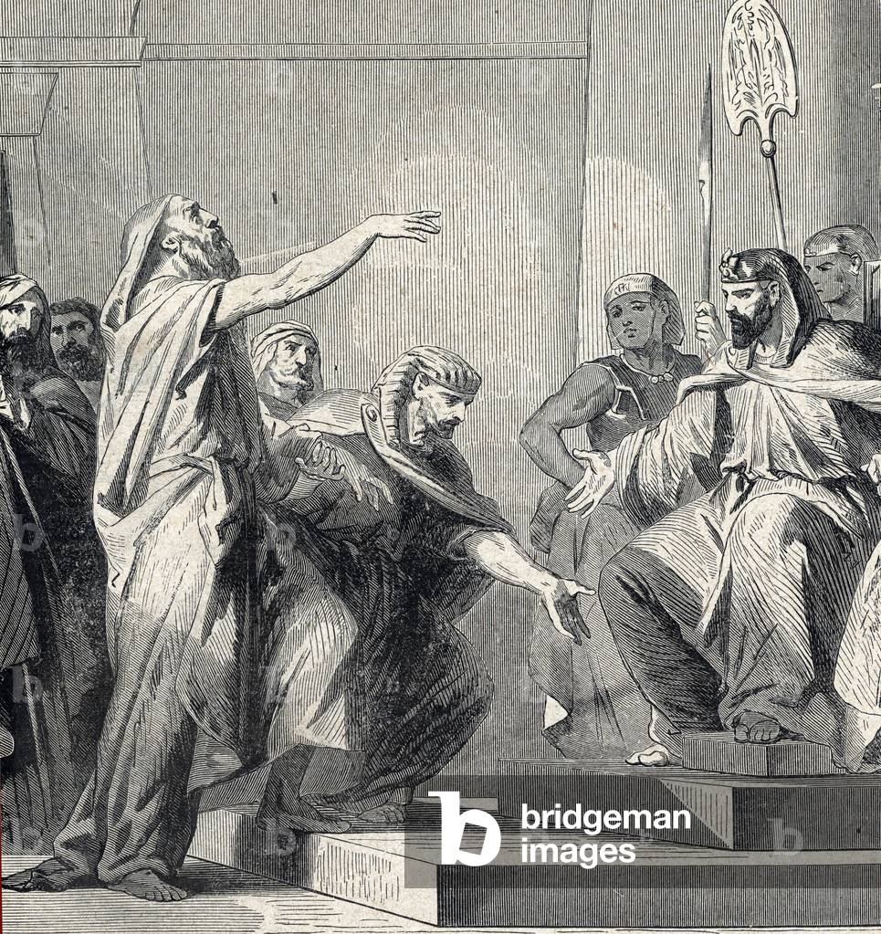 Joseph introduces his father Jacob to the pharaoh. From Lahure 19th century (engraving)