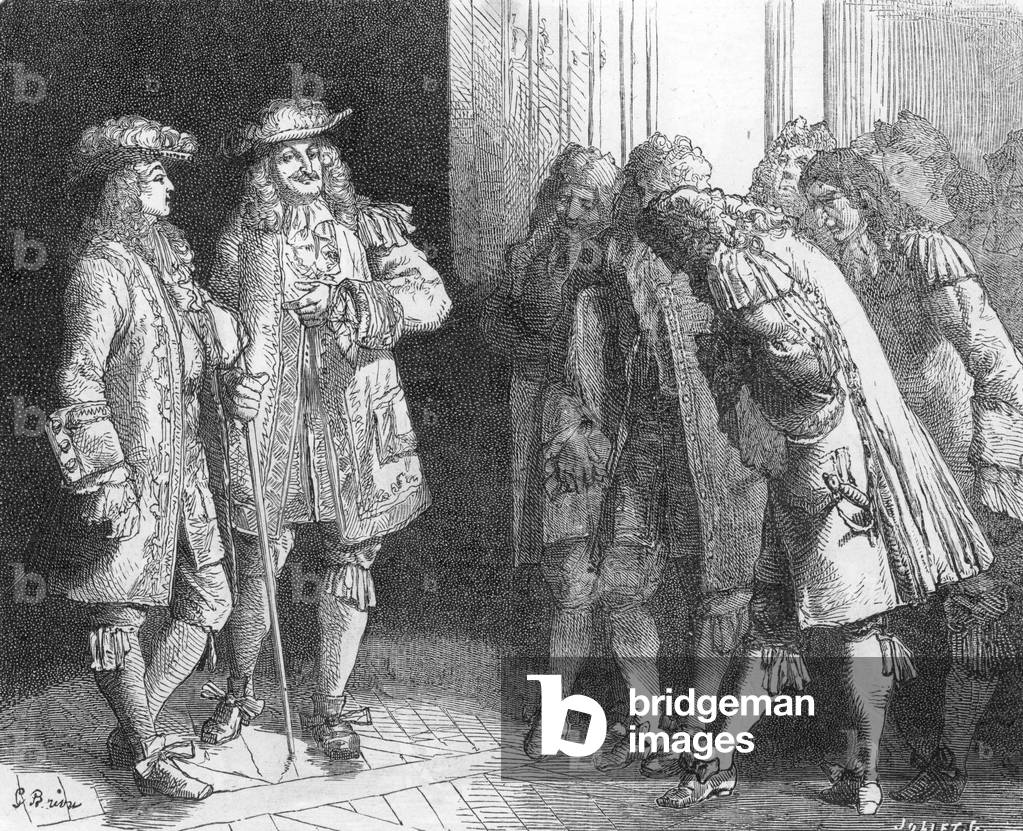 Louis XIV proclaiming duc d'Anjou King of Spain, War of Succession, 1700 (engraving)