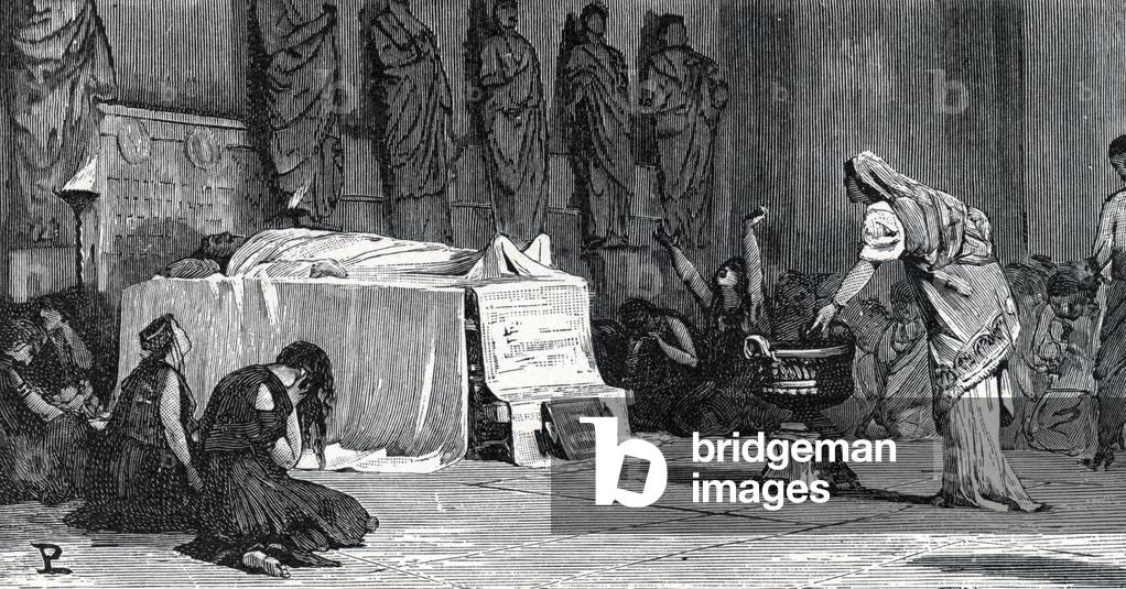 Roman antiquite “” funeral scene under the reign of the emperor Diocletian, 3rd century (Roman funeral at the times of Diocletian 3rd century) Engraving from “Storia di Roma” by Francesco Bertolini