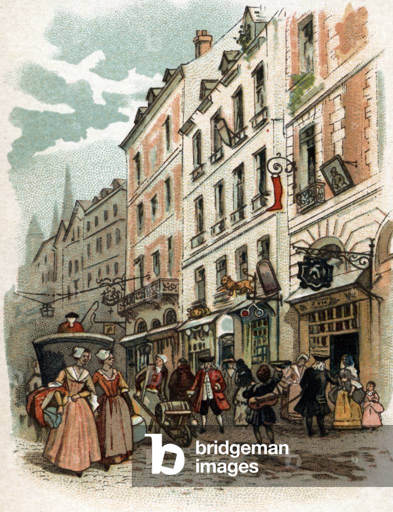 View of a street of Paris under the reign of King Louis XV, beginning of the 18th century Chromolithography de la fin du 19th century Private Collection