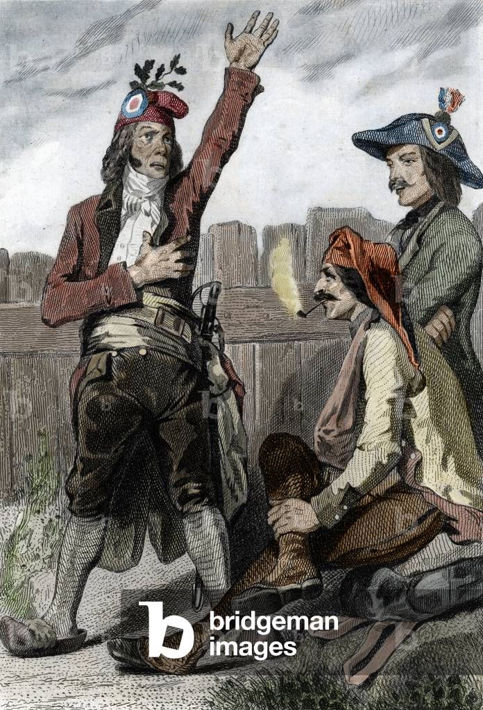 Portrait of Pierre-Francois Palloy (1755-1835) dit le Patriote” Allegorique representation des figures revolutionnaires, les enthusites (French revolution: Pierre Francois Palloy or Patriote Palloy represented as the symbolic character of an enthusiastic revolutionary) Engraving from “” Les francais sous la revolution”” by Challamel and Tenint, 1843 Private collection