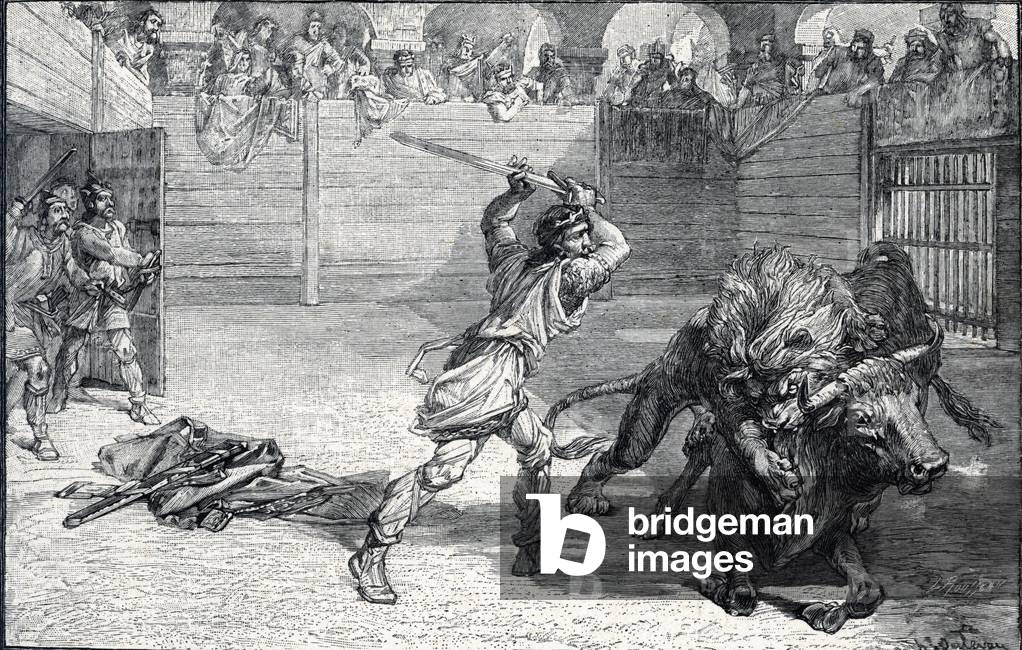 Pepin le Brief (714-768), King of the Francs, proves his courage by fighting a lion and a bull in an arena, 751 (Pepin III (714-68) the Short with the Lion and the Bull) Illustration from “Mon-History-de-France” by HS Bres, 1894 Private collection