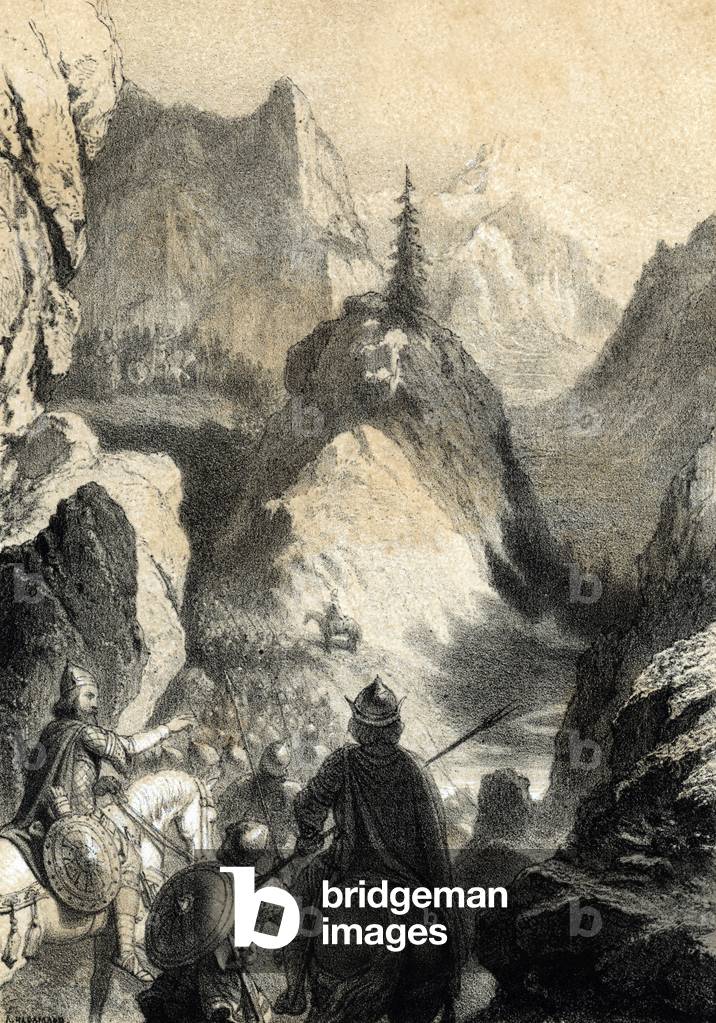 Campaign of Italy; “Passage des Alpes by Charlemagne (747-814), King of the Francs to fight the Lombards, 773” (Conquest of the Lombard kingdom: Frankish king Charlemagne and his uncle Bernard crossed the Alps in 773 and chased the Lombards back to Pavia) Engraving from “Les-Celebrites-Francaises” by Alfred des Essarts Collection, 1862 privately