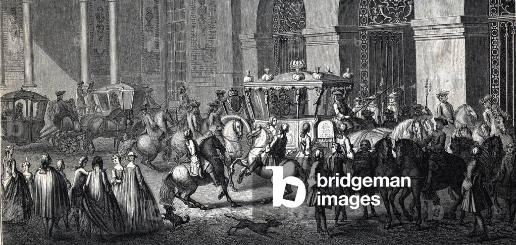 Daily life at the royal court of Versailles under the reign of king Louis XIV: reception of an ambassador, beginning of the 18th century) Engraving from “18th century, usages et costumes” by Paul Lacroix, 1875 Private collection
