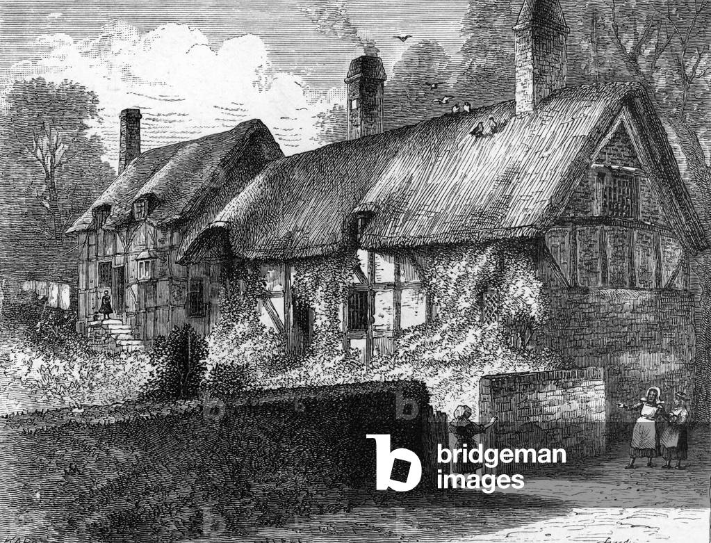 View of Anne Hathaway's Birthplace (1555-1623) at Shottery near Stratford upon avon, England (View of Anne Hathaway's cottage, childhood home of William Shakespeare's wife in Shottery near Stratford-upon-Avon England) Engraving from “Annals of the Life and Works of William Shakespeare” 1886 Private Collection