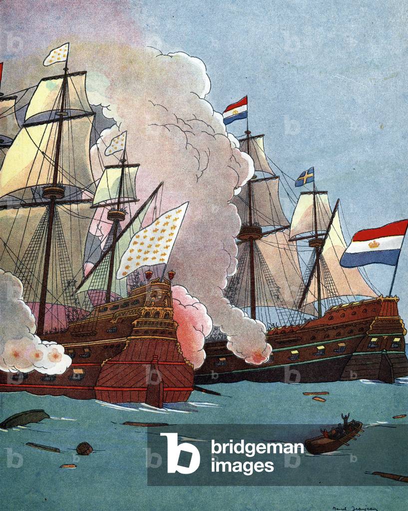 War of the League of Augsburg: French privateer Jean Bart (1650-1702) leading a naval battle against the English and Dutch off Dunkirk, 1690-1693 (Nine Years' War: French corsair Jean Bart during the blockade of Dunkirk, 1690 - 1693) Drawing by Marcel Jeanjean (1893-1973) draws from “” Les beaux episodes de la histoire de France”” 1922 Private Collection