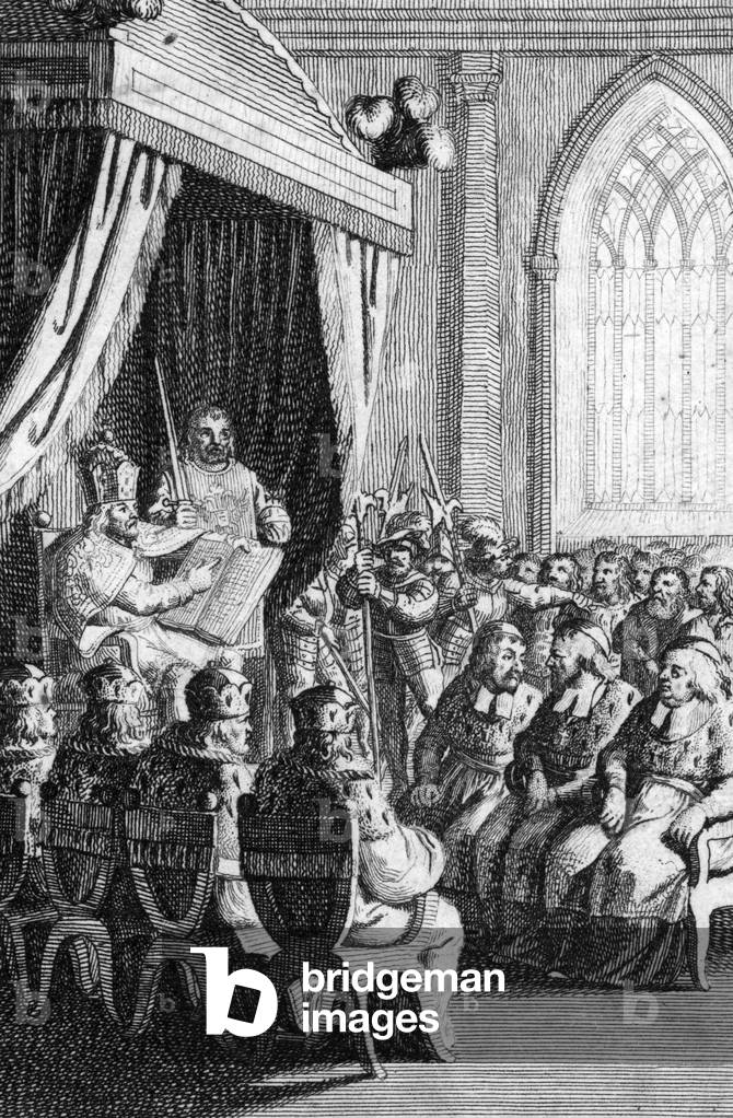 Promulgation of the Golden Bubble by Emperor Charles IV (1316-1378) in 1356 a Metz (Golden Bull of 1356 decree issued by the Imperial Diet at Nuremberg and Metz (Diet of Metz (1356/57)) headed by the Emperor Charles IV which fixed, for a period of more than four hundred years, important aspects of the constitutional structure of the Holy Roman Empire) Engraving by Johann Michael Mettenleiter (1765-1853) 1800 Private Collection