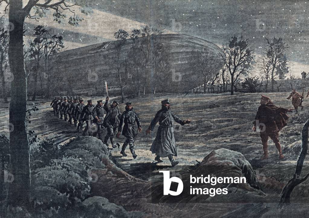 First World War: Capture of the crew of the German Zeppelin L33 in a village of Essex in England after the fall of the craft that came for the air raid on the city of London on September 24, 1916 (First world war: a german zeppelin crashed down in an essex village on the night of 23/24 September 1916, L 33's crew is captured at Little Wigborough) Illustration from “” Le pelerin”” 08/10/1916 Private collection Â