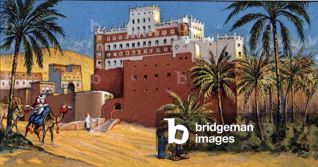 View of the castle of Sultan Al Kathiri (Sultan Al Kathiri Palace) Seiyun (Say'un or Saywun) Hadramaout, Yemen Chromolithography of the 1930s Private collection