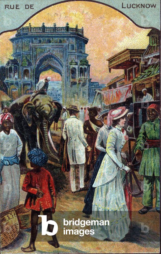 History of tourism: Western tourists in a street of Lucknow, India (Western tourists in a street of Lucknow, India) Chromolithography of the 19th century Private collection
