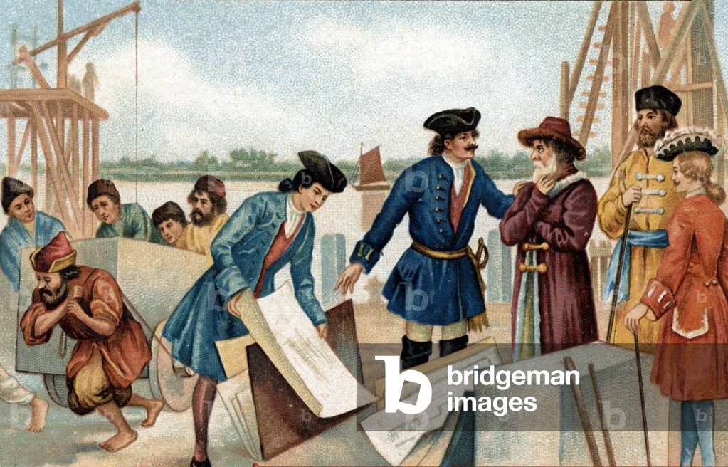 Tsar Peter The Great (Peter I of Russia, 1672-1725) at the founding of Saint Petersburg (Saint Petersburg) in 1703. 19th century (chromolithograph)