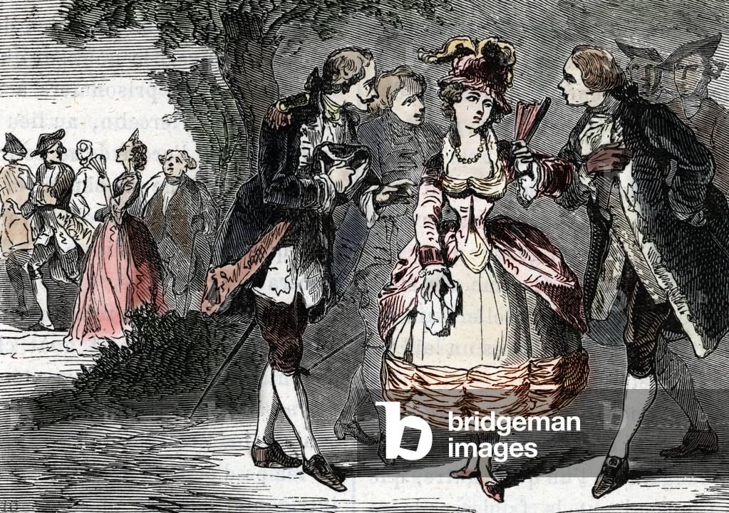 The young Louise Jeanne de Tiercelin de la Colleterie later called madame de Bonneval, introduced to king of France Louis XV in the garden of the Tuileries, Paris, 1762. 19th century (engraving)